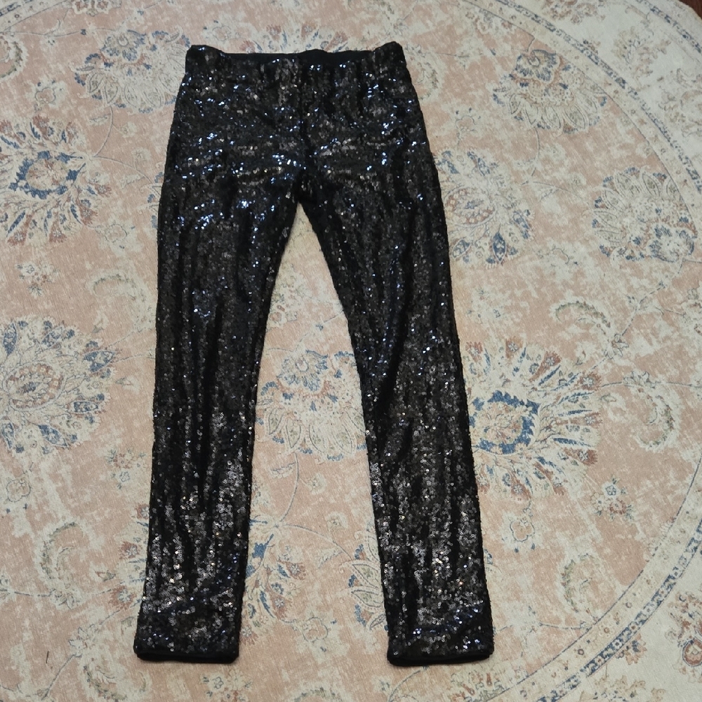 May & July Glamorous Black Sequin Skinny Pull On Pants Fully Lined sz Medium EUC